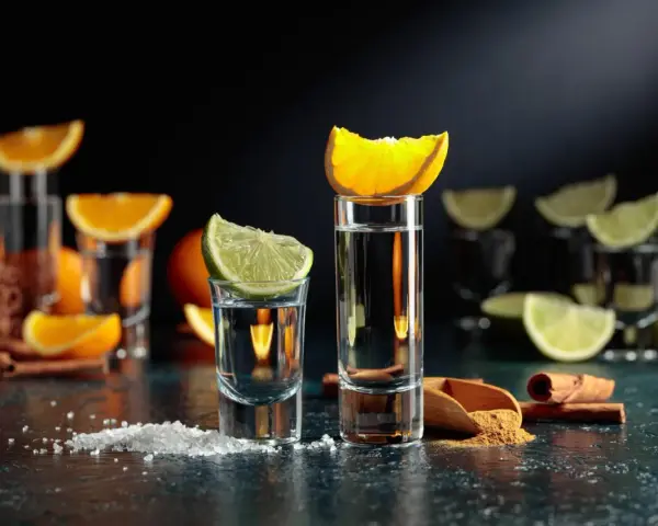 Zwei Tequila-Gläser mit Limette und Orange, bereit für die Tequila-Reihenfolge. Salz und Zimt liegen daneben.