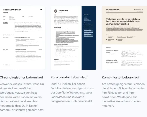 Lebenslauf-Vorlagen: Chronologisch, funktional, kombiniert. Ideal für Berufseinsteiger und Werkstudenten.