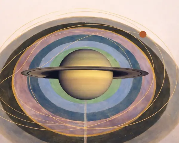 Saturno en astrología, representado con sus anillos, rodeado de órbitas concéntricas de colores y líneas doradas.