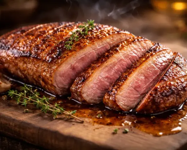 Un magret de canard au four, tranché, avec une croûte dorée et une chair rosée, servi sur une planche en bois avec du thym et de l'ail.