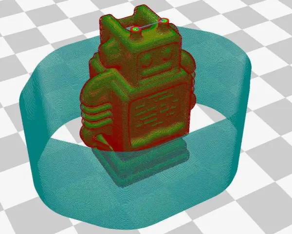 Model robota na drukarce 3D, otoczony niebieską obwódką. To pokazuje, co to adhezja, czyli przyczepność wydruku do stołu.