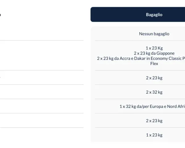 Table showing ITA Airways baggage allowances for different travel classes, including weight and quantity.
