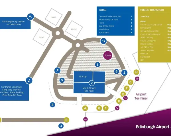 Mapa lotniska Edynburg. Pokazuje drogi, parkingi, transport publiczny i dojazd do centrum miasta.