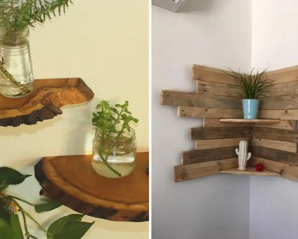 Idee mensole con pallet: mensole rustiche in legno grezzo e una mensola angolare fai-da-te con assi di pallet, perfette per piante e decorazioni.