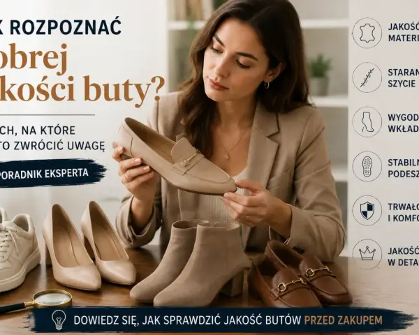 Ekspertka prezentuje beżową butę, obok niej różne rodzaje obuwia. Poradnik "Jak rozpoznać dobrej jakości buty?".