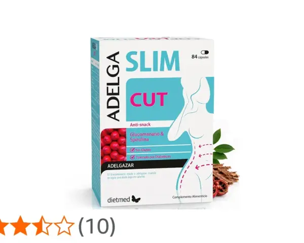 Caja de Adelga Slim Cut, un complemento alimenticio con glucomanano y espirulina para ayudar a adelgazar.