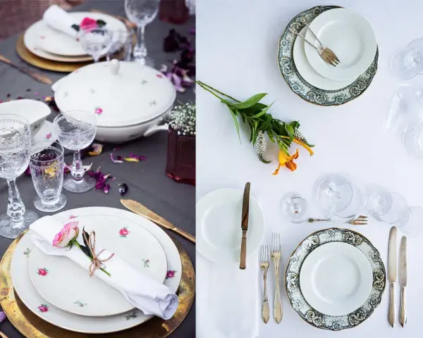 Vackert dukat bord med vita rosa tallrikar, glas och blommor. En romantisk middagsbjudning väntar.