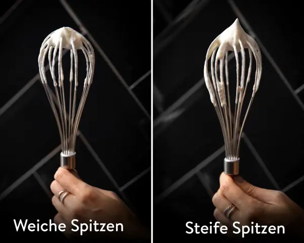 Zwei Schneebesen zeigen, was ist aufschlagsahne: links weiche Spitzen, rechts steife Spitzen.