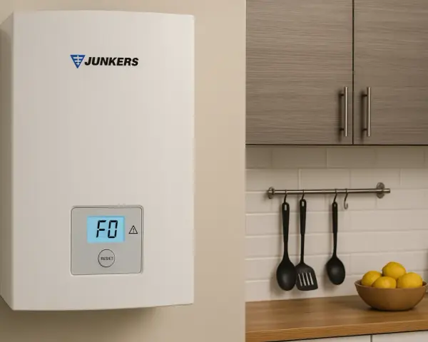 Caldera Junkers con display F0, indicando la necesidad de bajar presión caldera Junkers. Cocina moderna al fondo.