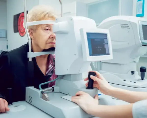 Starsza pani bada wzrok. Lekarz ustawia aparat, by zmierzyć perymetr pola widzenia.
