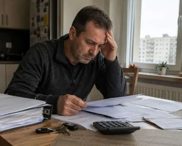 Zmartwiony mężczyzna analizuje dokumenty, szukając odpowiedzi, jak zachować mieszkanie przy upadłości. Na stole leżą klucze i kalkulator.