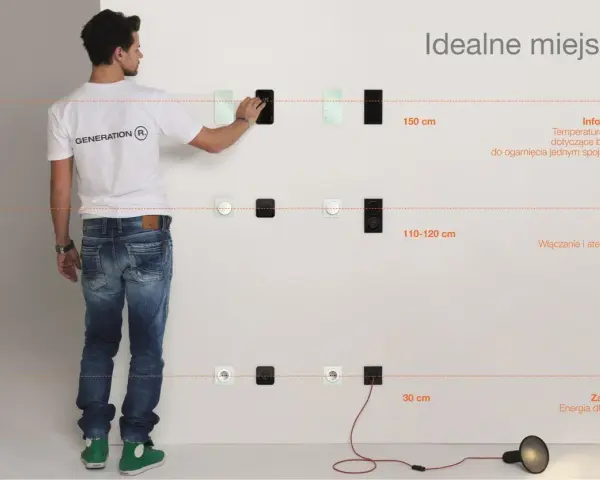 Mężczyzna pokazuje na ścianie, na jakiej wysokości gniazdka powinny być umieszczone: 150 cm dla informacji, 110-120 cm dla akcji, 30 cm dla zasilania.