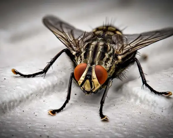 Mosca de cerca, con sus grandes ojos rojos y patas peludas. Una imagen que inspira a pensar en como matar moscas.