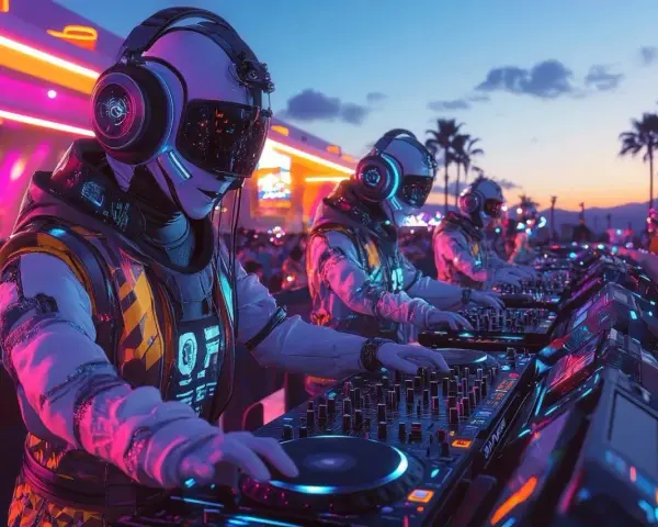 Trois DJs futuristes mixent de la musique electro sous un ciel crépusculaire, éclairés par des néons roses et bleus.