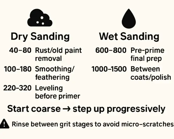 Guide to dry and wet sandpaper for car paint, showing grit ranges for rust removal, smoothing, and final prep. Start coarse, step up.