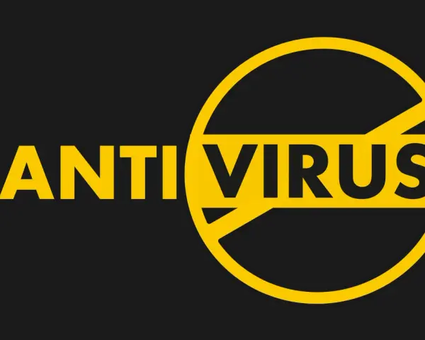 Żółty napis "ANTI VIRUS" na czarnym tle, z kółkiem i przekreśleniem symbolizującym ochronę.