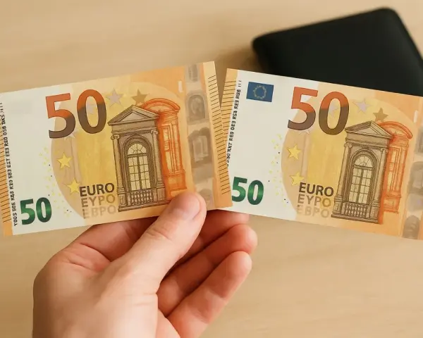 Un billet de 50 euros 2002, coupé en deux, est tenu dans une main. Un portefeuille noir est visible en arrière-plan.