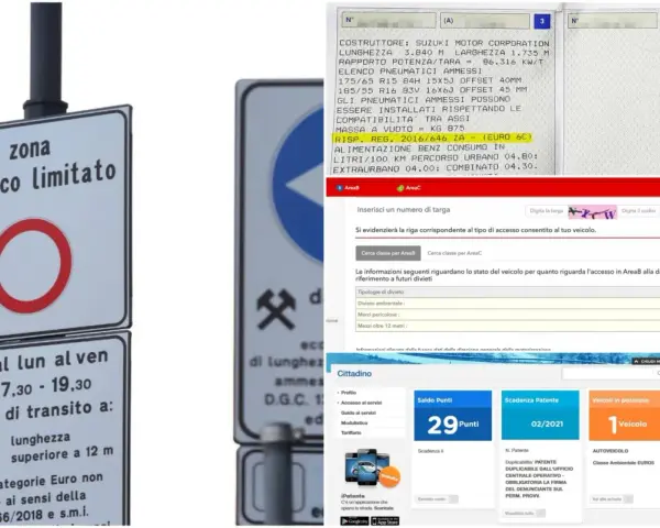 Segnale di zona traffico limitato e dettaglio veicolo con classe ambientale **auto euro 5**.