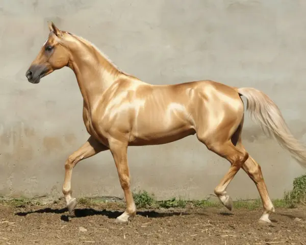 Cheval Akhal-Teke doré, silhouette élancée, crinière et queue claires, se déplaçant avec grâce devant un mur de pierre.