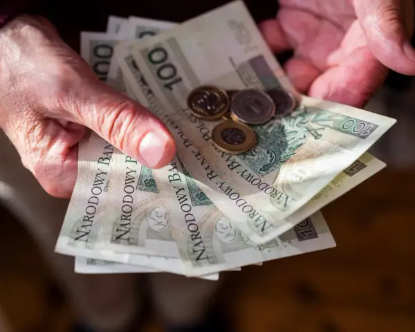 Dłonie trzymają polskie banknoty 100 zł i monety. Ile trzeba przepracować żeby dostać emeryturę?