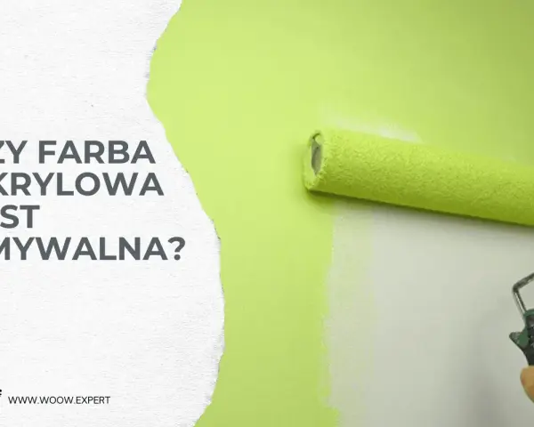 Wałek malarski pokrywa ścianę jasną zieloną farbą. Czy farba akrylowa jest zmywalna? Dowiedz się więcej na www.woow.expert.