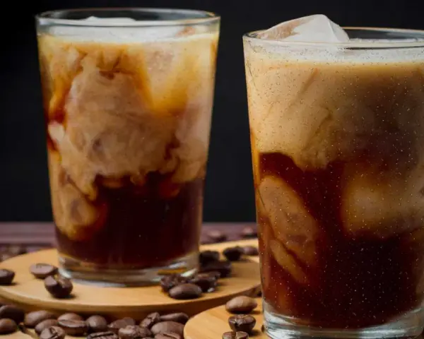 Två glas med iskaffe, där grädden virvlar i det mörka kaffet. Kaffebönor sprider sig runt glasen.
