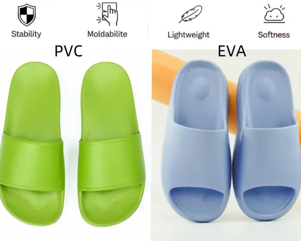 Chanclas verdes de PVC y chanclas azules de **eva material**, ligeras y suaves.