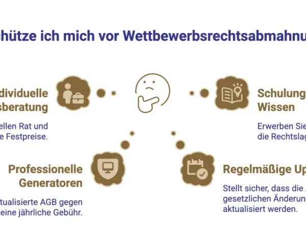 Grafik zeigt Wege, sich vor einer Abmahnung zu schützen: Rechtsberatung, Schulungen, Generatoren und Updates.