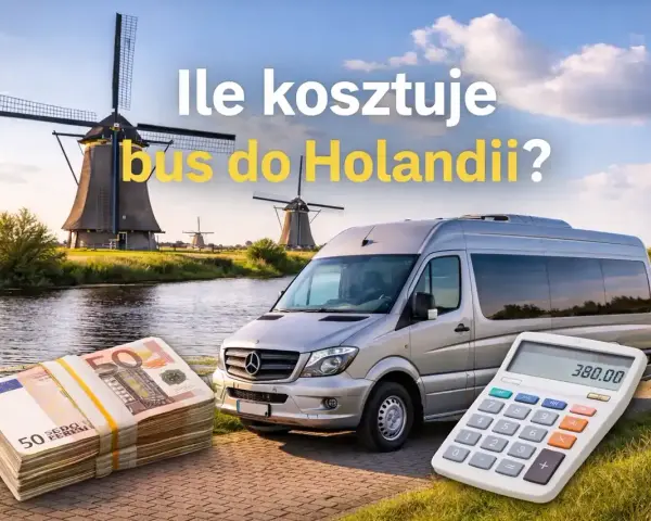 Ile kosztuje bus do Holandii? Stos pieniędzy i kalkulator obok srebrnego busa na tle holenderskich wiatraków.