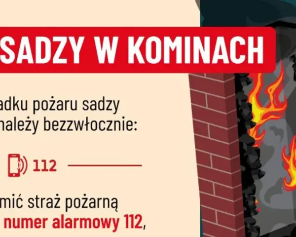 Ogień trawi komin, gdzie tli się sadza. W razie pożaru zadzwoń pod numer 112, by zawiadomić straż pożarną.