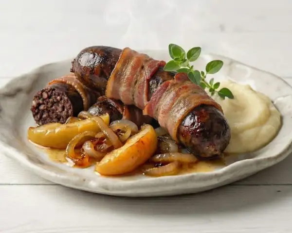 Pyszna kaszanka z piekarnika, owinięta boczkiem, podana z jabłkami i puree.