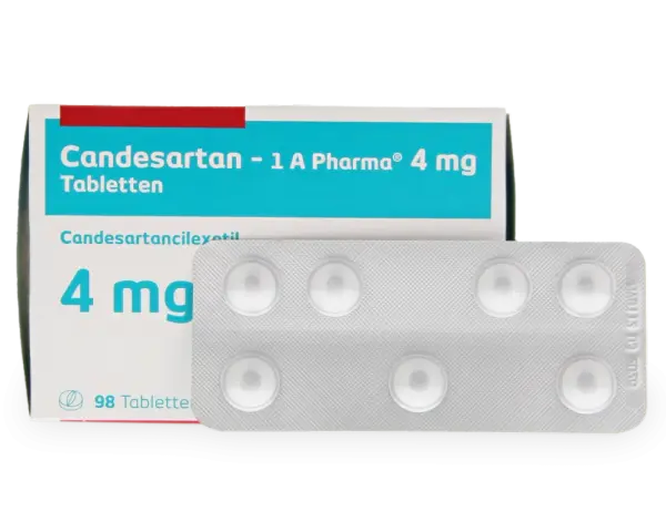 Opakowanie leku Candesartan 4 mg, zawierające 98 tabletek w blistrze. Stosowany w leczeniu nadciśnienia.