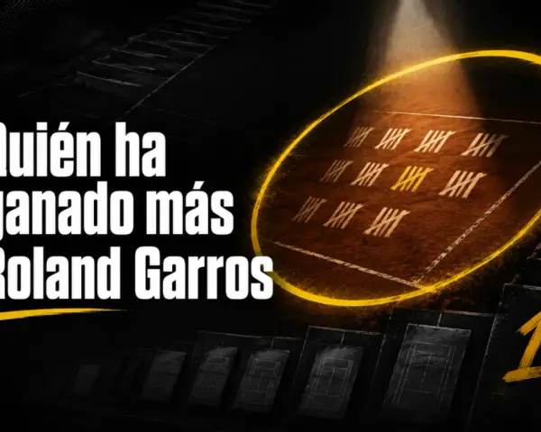 ¿Quién ha ganado más Roland Garros? La imagen muestra una cancha de tierra batida con marcas de victorias y un gran número "1", sugiriendo un campeón legendario.