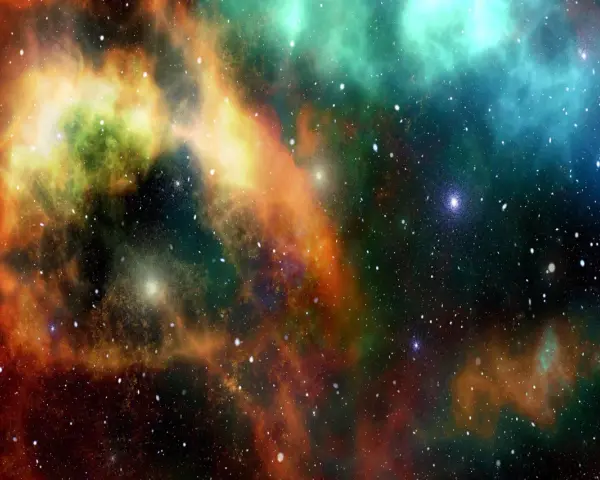 Nebulosa cosmica con sfumature arancioni, verdi e blu. Un universo di stelle che ispira la ricerca e gli sbocchi lavorativi in astrofisica.