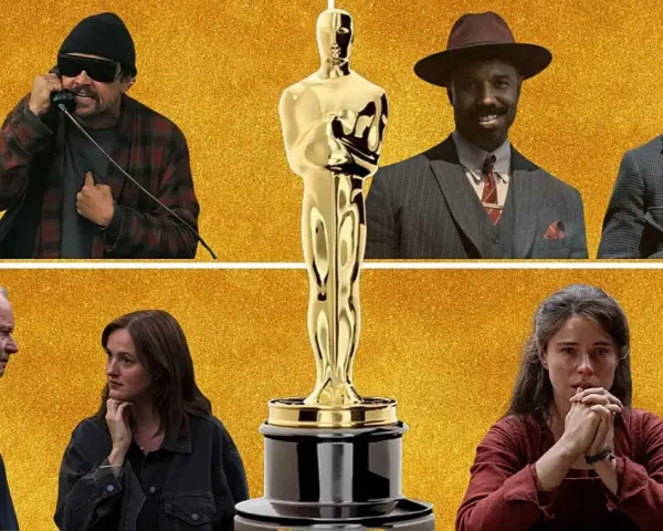 Gwiazdy filmowe w oczekiwaniu na Oscary 2026. Złoty Oscar pośrodku, a wokół niego aktorzy z różnych produkcji.