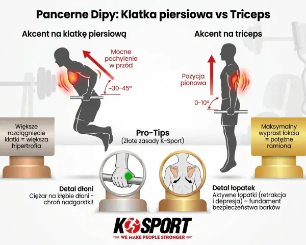 Dipy na triceps: pionowa pozycja ciała i minimalny wyprost łokcia (0-10°) dla potężnych ramion. Porównanie z dipami na klatkę piersiową.