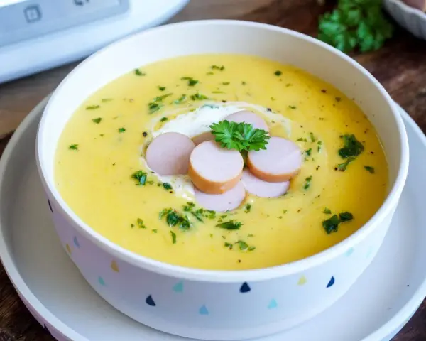 Cremige Kartoffelsuppe, zubereitet im Thermomix, garniert mit Würstchenscheiben, einem Klecks Sahne und Petersilie.