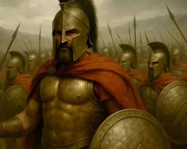 Leonidas, kto to? Król Sparty, w złotej zbroi, z tarczą i włócznią, prowadzi armię spartańskich wojowników.