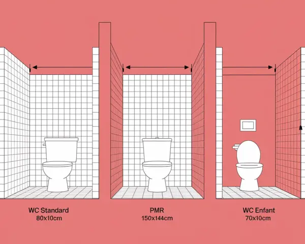 Comparaison des dimensions des cabines WC : standard, PMR et enfant. La hauteur cuvette wc est implicitement représentée par les différentes tailles de cabines.