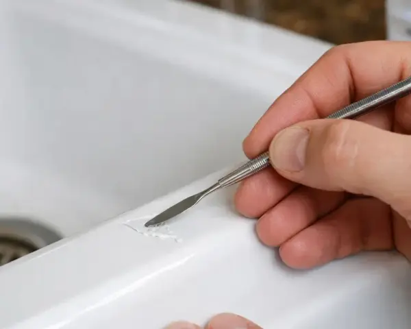 Main d'une personne utilisant un outil pour réparer une rayure sur un lavabo blanc.