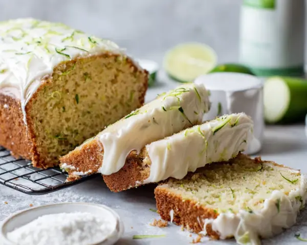 Delicioso pastel de calabacín con glaseado blanco y ralladura verde, acompañado de limas frescas.
