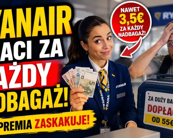 Pracownica Ryanair pokazuje pieniądze, sugerując, ile kosztuje nadbagaż w Ryanair. Klient jest zaskoczony.