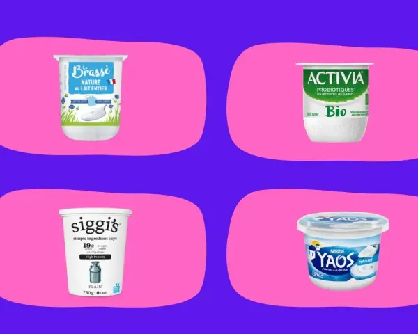 Quatre yaourts nature, dont Activia avec ses probiotiques et lactobacillus acidophilus, et un skyr Siggi's riche en protéines.