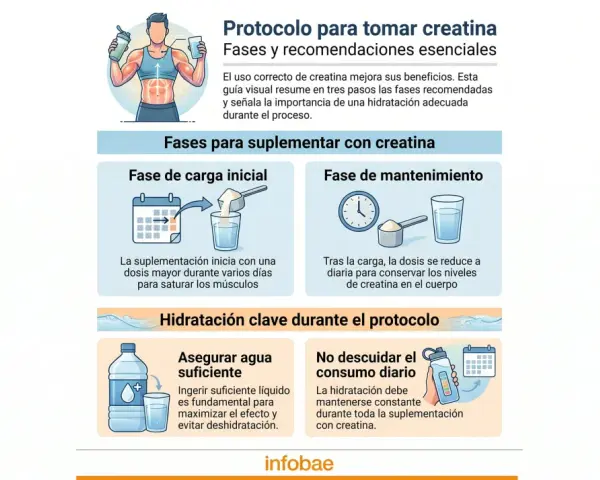 Guía visual sobre cuándo tomar creatina: fases de carga y mantenimiento, y la importancia de la hidratación.