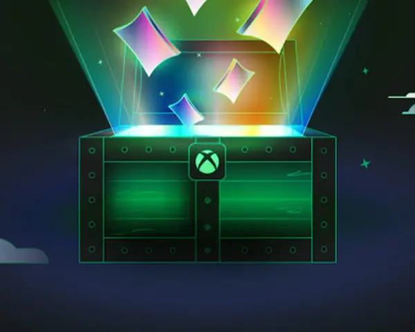 Otwarta skrzynia z logo Xbox, z której wydobywa się zielone światło i kolorowe karty. To jak skarb dla całej rodziny, idealny **game pass family**.