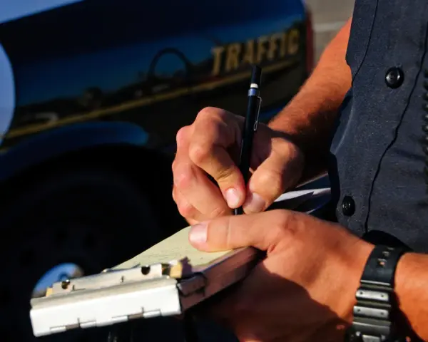 Agente di polizia scrive una multa, forse per infrazione all'art. 71 cds, vicino a un'auto della polizia.