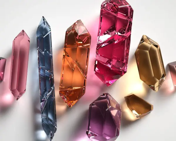 Cristales facetados de diversos tipos de cuarzo: rosa, azul, naranja, fucsia, dorado y amatista, brillan sobre fondo blanco.