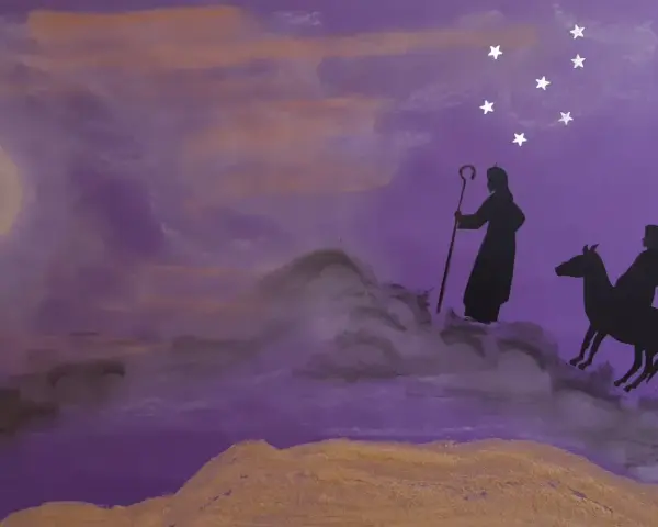 Silhouettes of a shepherd and a rider on a donkey journey under a starry sky, evoking the second Sunday of Advent prayer.