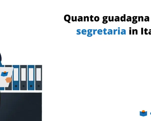 Una segretaria con occhiali e camicetta blu, con cartelline alle spalle, si chiede quanto guadagna lavorare nelle scuole come segretaria.