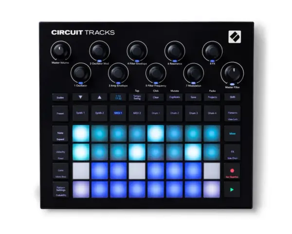 Novation Circuit Tracks – czarny kontroler MIDI z podświetlanymi padami, idealny do tworzenia muzyki elektronicznej.